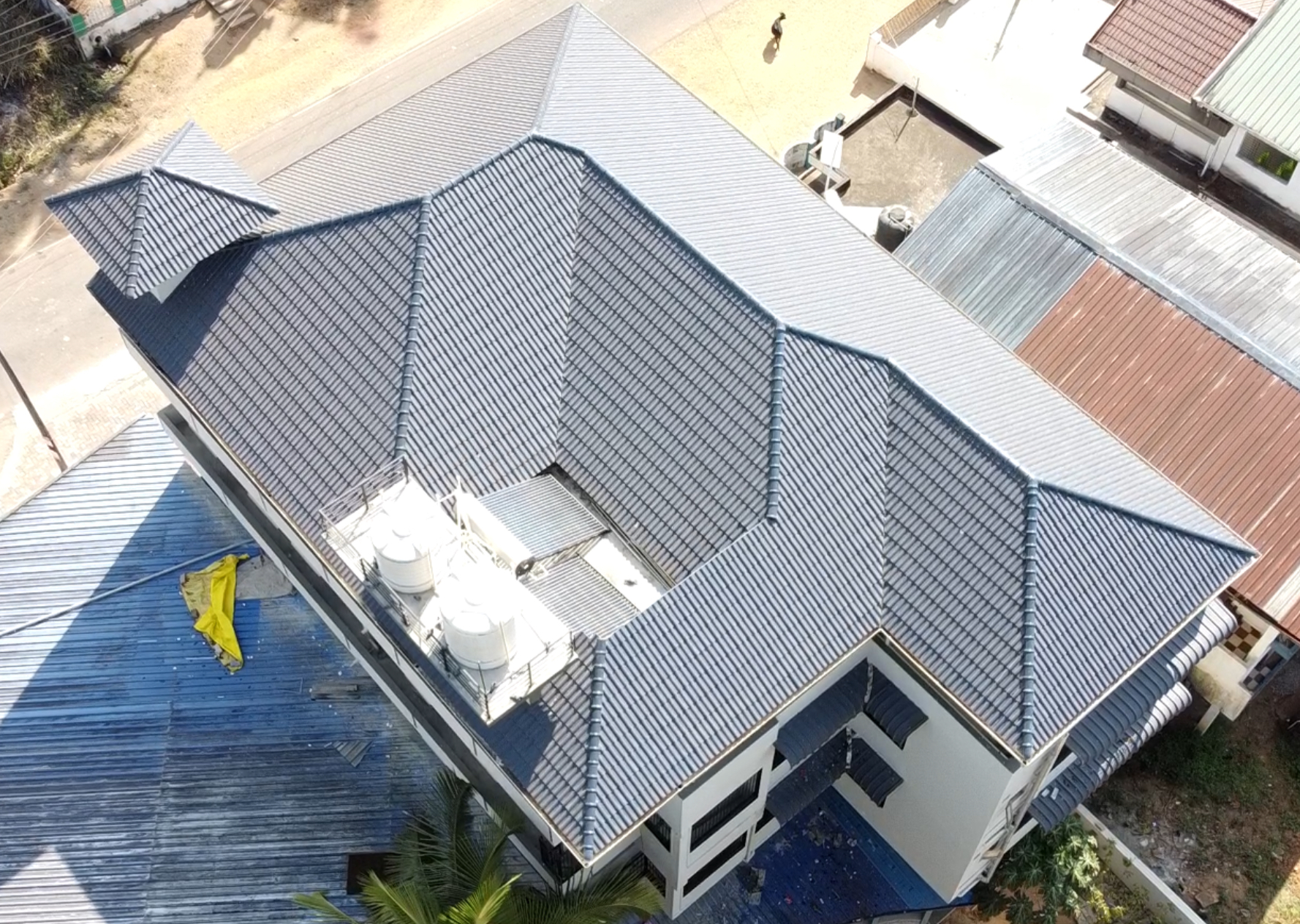 Grey tiled roof captured from above